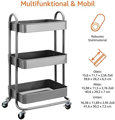 Amazon Basics Küchenrollwagen mit 3 Ebenen, platzsparend und modern – perfekt für Ihre Küche!