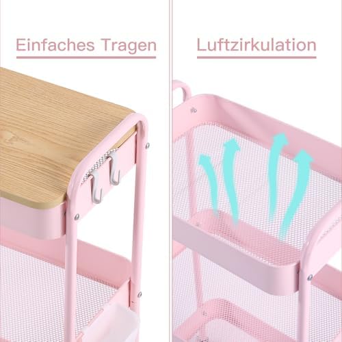 Schwarzer Rollwagen mit 3 Ebenen – Aufbewahrungswagen für Küche, Bad & Wohnzimmer mit abnehmbarem Holztablett und 4 Hake