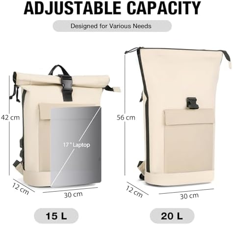 Lekeinchi Rolltop Rucksack für Damen & Herren – Wasserdichter Laptoprucksack mit 17 Zoll Fach für Reisen, Uni & Arbeit -