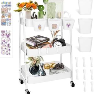 Servierwagen von Markenname – 3-Ebenen Rollwagen aus Metall mit hängenden Bechern für die moderne Küche – Praktische Auf