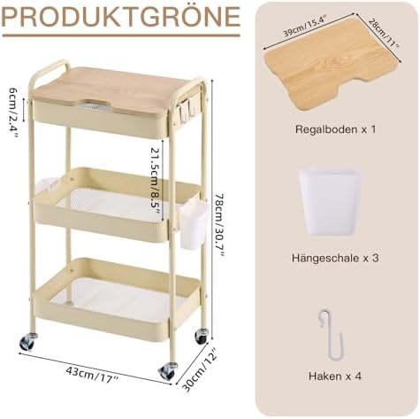 Schwarzer Rollwagen mit 3 Ebenen – Aufbewahrungswagen für Küche, Bad & Wohnzimmer mit abnehmbarem Holztablett und 4 Hake