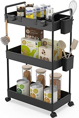 Ronlap Rollwagen Küchenwagen mit 3 Ebenen, praktischer Servierwagen mit Aufhängebechern für Küche und Büro, Schwarz
