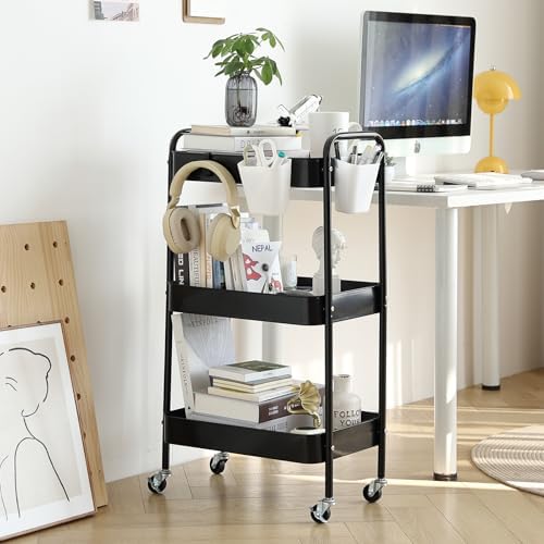 Schwarzer Rollwagen mit 3 Ebenen – Aufbewahrungswagen für Küche, Bad & Wohnzimmer mit abnehmbarem Holztablett und 4 Hake