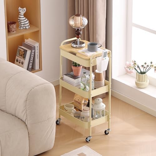 Schwarzer Rollwagen mit 3 Ebenen – Aufbewahrungswagen für Küche, Bad & Wohnzimmer mit abnehmbarem Holztablett und 4 Hake