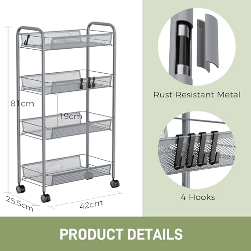 WELDUN Rollwagen mit 4 Ebenen – Mobiler Gitteraufbewahrungswagen für Küche und Wohnzimmer, Weiß