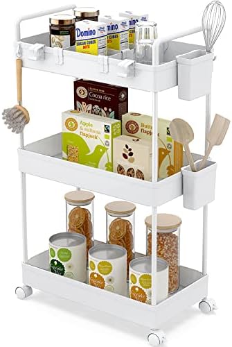 Ronlap Rollwagen Küchenwagen mit 3 Ebenen, praktischer Servierwagen mit Aufhängebechern für Küche und Büro, Schwarz