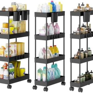 3PCS 4 Ebenen Aufbewahrungswagen mit Rollen - Platzsparender minimalistischer Badezimmerwagen für Bad & Küche, Schwarz