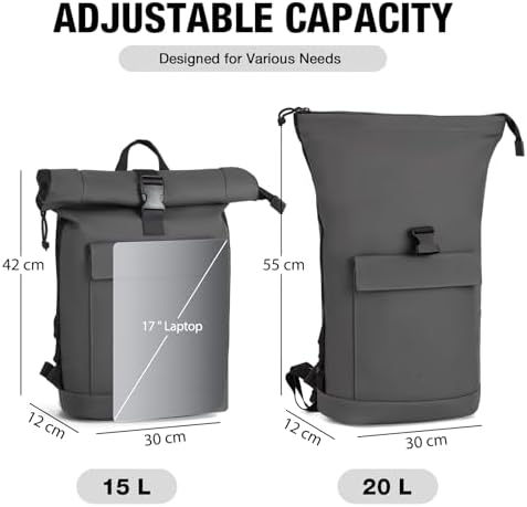 Lekeinchi Rolltop Rucksack für Damen & Herren – Wasserdichter Laptoprucksack mit 17 Zoll Fach für Reisen, Uni & Arbeit -