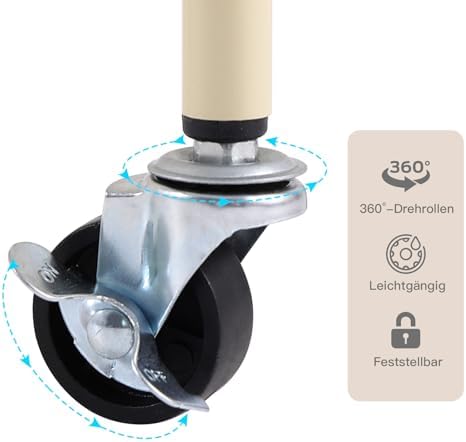 Schwarzer Rollwagen mit 3 Ebenen – Aufbewahrungswagen für Küche, Bad & Wohnzimmer mit abnehmbarem Holztablett und 4 Hake