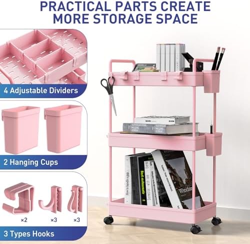 Ronlap Rollwagen Küchenwagen mit 3 Ebenen, praktischer Servierwagen mit Aufhängebechern für Küche und Büro, Schwarz