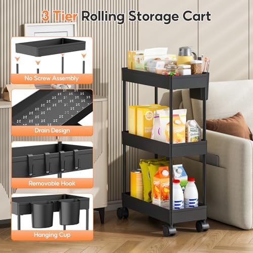 3PCS 4 Ebenen Aufbewahrungswagen mit Rollen - Platzsparender minimalistischer Badezimmerwagen für Bad & Küche, Schwarz