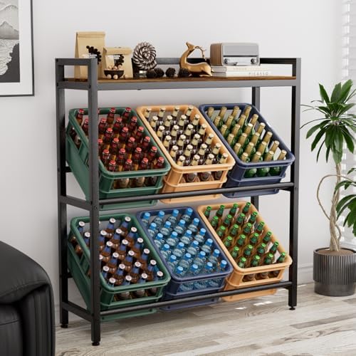 HFHOME Getränkekistenregal aus stabilem Metall mit verstellbarem Holzablage – Ideal für Küche, Keller und Garage!