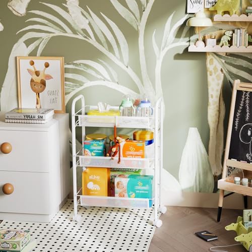 WELDUN Rollwagen mit 4 Ebenen – Mobiler Gitteraufbewahrungswagen für Küche und Wohnzimmer, Weiß