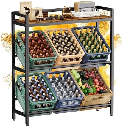 HFHOME Getränkekistenregal aus stabilem Metall mit verstellbarem Holzablage – Ideal für Küche, Keller und Garage!