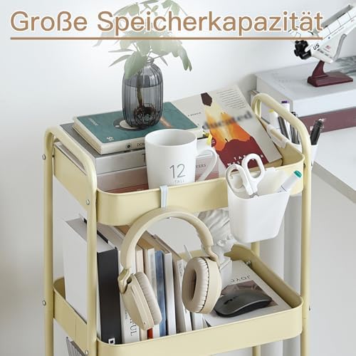 Schwarzer Rollwagen mit 3 Ebenen – Aufbewahrungswagen für Küche, Bad & Wohnzimmer mit abnehmbarem Holztablett und 4 Hake