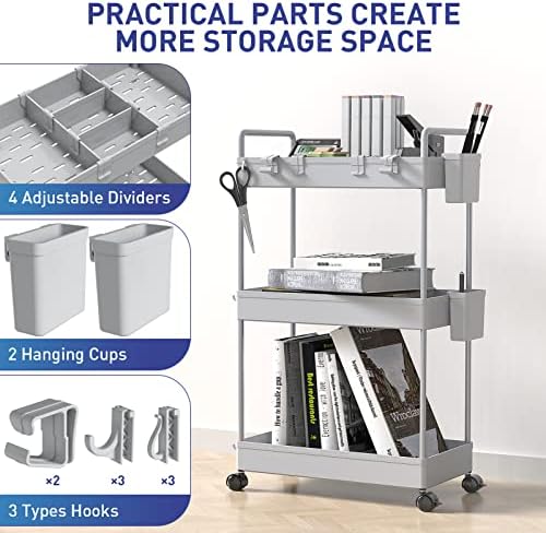 Ronlap Rollwagen Küchenwagen mit 3 Ebenen, praktischer Servierwagen mit Aufhängebechern für Küche und Büro, Schwarz