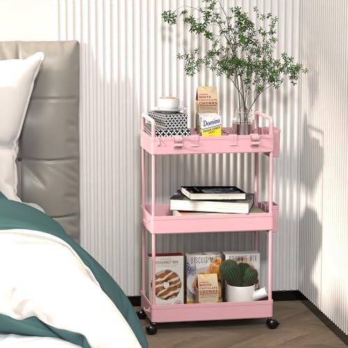 Ronlap Rollwagen Küchenwagen mit 3 Ebenen, praktischer Servierwagen mit Aufhängebechern für Küche und Büro, Schwarz