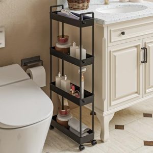 Küchenwagen von Rollwagen – Schmaler 4-stöckiger Aufbewahrungswagen mit Rollen für Bad, Küche und Büro (Schwarz)