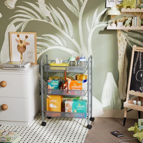 WELDUN Rollwagen mit 4 Ebenen – Mobiler Gitteraufbewahrungswagen für Küche und Wohnzimmer, Weiß