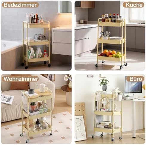Schwarzer Rollwagen mit 3 Ebenen – Aufbewahrungswagen für Küche, Bad & Wohnzimmer mit abnehmbarem Holztablett und 4 Hake