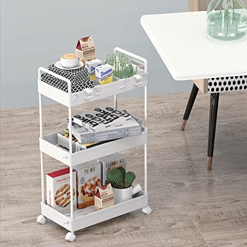 Ronlap Rollwagen Küchenwagen mit 3 Ebenen, praktischer Servierwagen mit Aufhängebechern für Küche und Büro, Schwarz