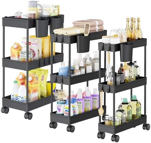 3PCS 4 Ebenen Aufbewahrungswagen mit Rollen - Platzsparender minimalistischer Badezimmerwagen für Bad & Küche, Schwarz