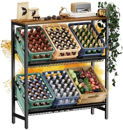 HFHOME Getränkekistenregal aus stabilem Metall mit verstellbarem Holzablage – Ideal für Küche, Keller und Garage!