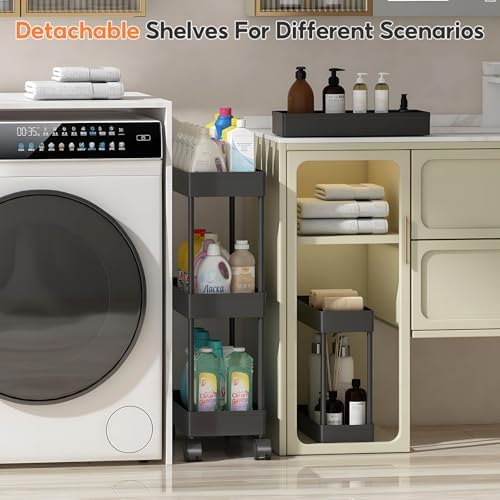 3PCS 4 Ebenen Aufbewahrungswagen mit Rollen - Platzsparender minimalistischer Badezimmerwagen für Bad & Küche, Schwarz