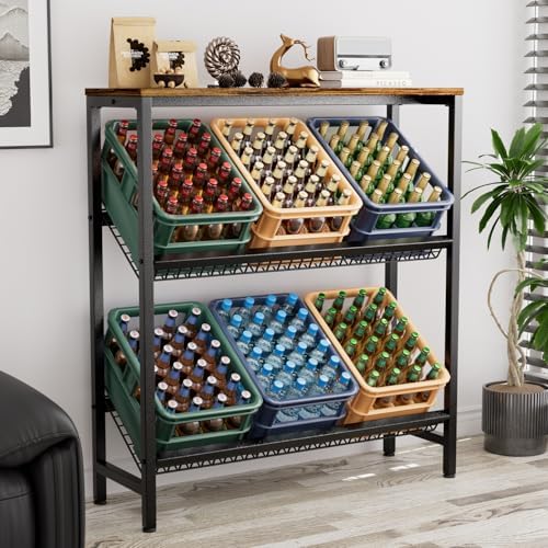 HFHOME Getränkekistenregal aus stabilem Metall mit verstellbarem Holzablage – Ideal für Küche, Keller und Garage!