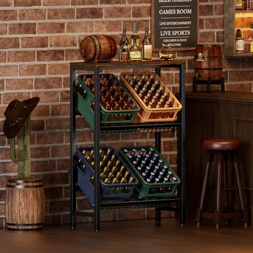 HFHOME Getränkekistenregal aus stabilem Metall mit verstellbarem Holzablage – Ideal für Küche, Keller und Garage!