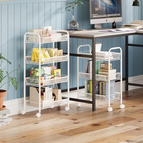 WELDUN Rollwagen mit 4 Ebenen – Mobiler Gitteraufbewahrungswagen für Küche und Wohnzimmer, Weiß