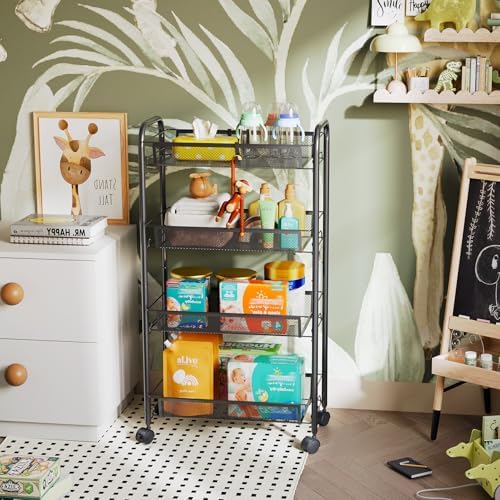 WELDUN Rollwagen mit 4 Ebenen – Mobiler Gitteraufbewahrungswagen für Küche und Wohnzimmer, Weiß