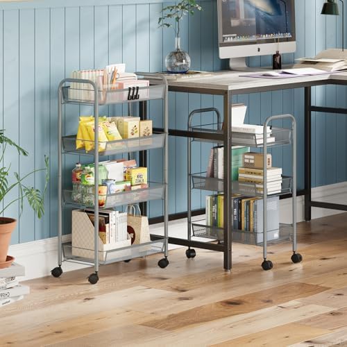 WELDUN Rollwagen mit 4 Ebenen – Mobiler Gitteraufbewahrungswagen für Küche und Wohnzimmer, Weiß