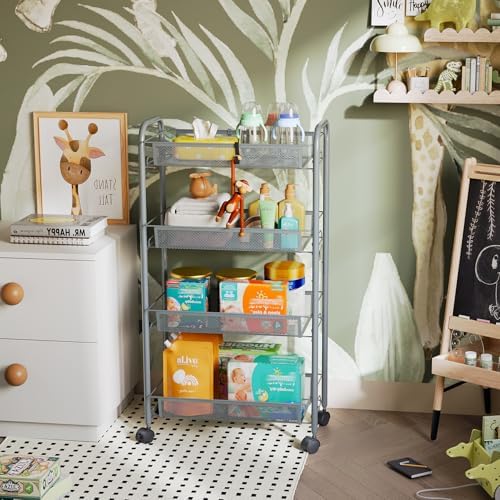 WELDUN Rollwagen mit 4 Ebenen – Mobiler Gitteraufbewahrungswagen für Küche und Wohnzimmer, Weiß