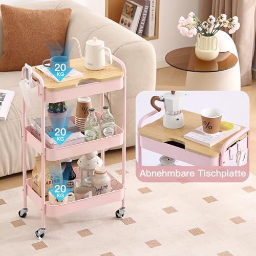 Schwarzer Rollwagen mit 3 Ebenen – Aufbewahrungswagen für Küche, Bad & Wohnzimmer mit abnehmbarem Holztablett und 4 Hake