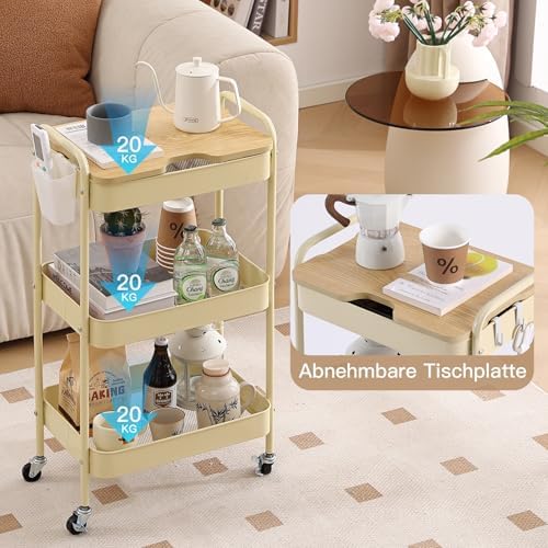 Schwarzer Rollwagen mit 3 Ebenen – Aufbewahrungswagen für Küche, Bad & Wohnzimmer mit abnehmbarem Holztablett und 4 Hake