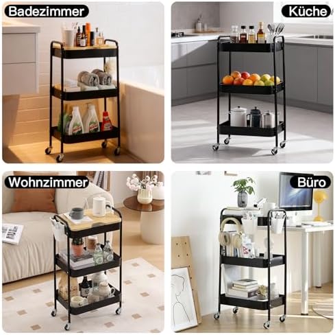 Schwarzer Rollwagen mit 3 Ebenen – Aufbewahrungswagen für Küche, Bad & Wohnzimmer mit abnehmbarem Holztablett und 4 Hake