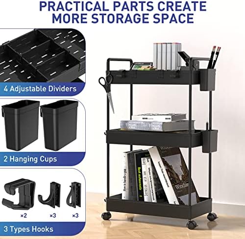 Ronlap Rollwagen Küchenwagen mit 3 Ebenen, praktischer Servierwagen mit Aufhängebechern für Küche und Büro, Schwarz