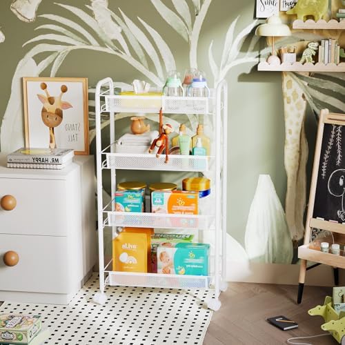 WELDUN Rollwagen mit 4 Ebenen – Mobiler Gitteraufbewahrungswagen für Küche und Wohnzimmer, Weiß