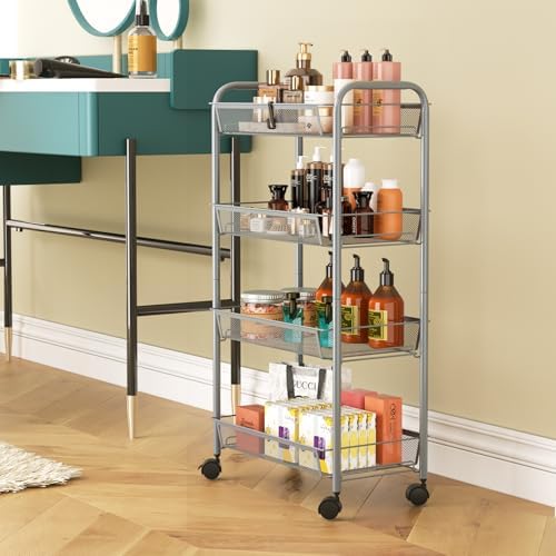 WELDUN Rollwagen mit 4 Ebenen – Mobiler Gitteraufbewahrungswagen für Küche und Wohnzimmer, Weiß