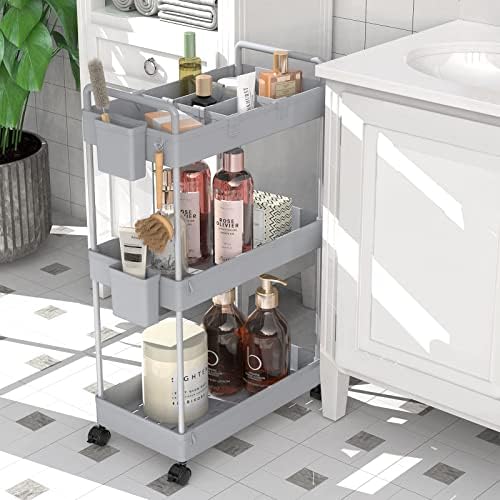 Ronlap Rollwagen Küchenwagen mit 3 Ebenen, praktischer Servierwagen mit Aufhängebechern für Küche und Büro, Schwarz