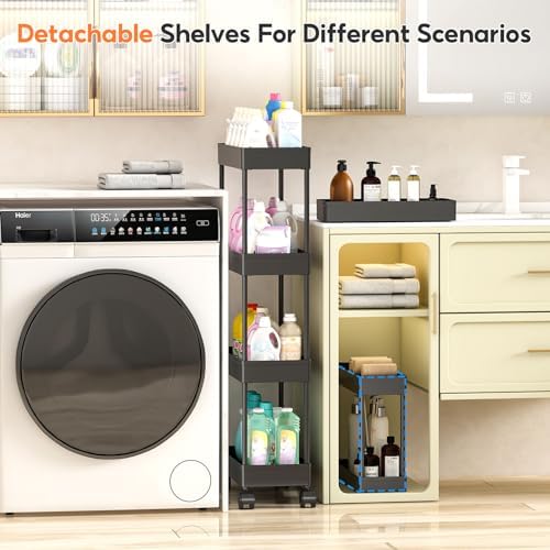 3PCS 4 Ebenen Aufbewahrungswagen mit Rollen - Platzsparender minimalistischer Badezimmerwagen für Bad & Küche, Schwarz