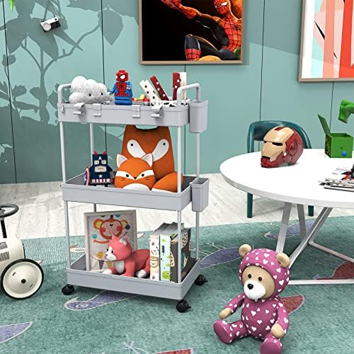 Ronlap Rollwagen Küchenwagen mit 3 Ebenen, praktischer Servierwagen mit Aufhängebechern für Küche und Büro, Schwarz