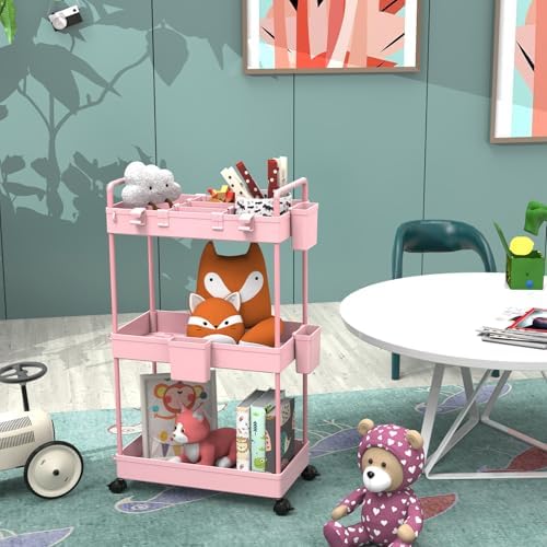 Ronlap Rollwagen Küchenwagen mit 3 Ebenen, praktischer Servierwagen mit Aufhängebechern für Küche und Büro, Schwarz