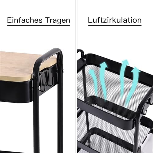 Schwarzer Rollwagen mit 3 Ebenen – Aufbewahrungswagen für Küche, Bad & Wohnzimmer mit abnehmbarem Holztablett und 4 Hake