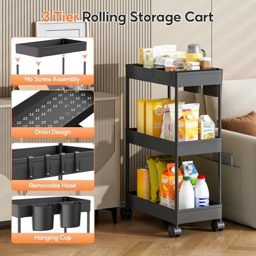 3PCS 4 Ebenen Aufbewahrungswagen mit Rollen - Platzsparender minimalistischer Badezimmerwagen für Bad & Küche, Schwarz