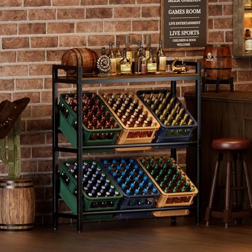 HFHOME Getränkekistenregal aus stabilem Metall mit verstellbarem Holzablage – Ideal für Küche, Keller und Garage!