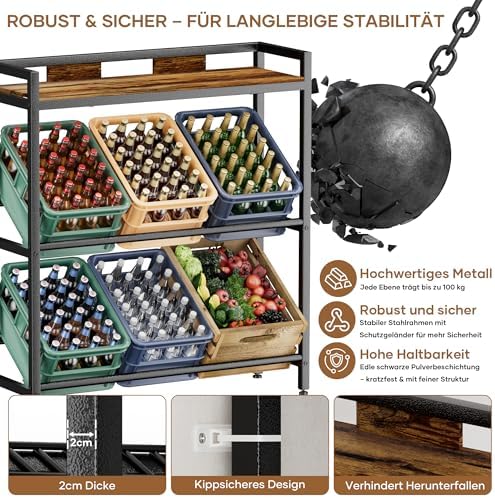 HFHOME Getränkekistenregal aus stabilem Metall mit verstellbarem Holzablage – Ideal für Küche, Keller und Garage!