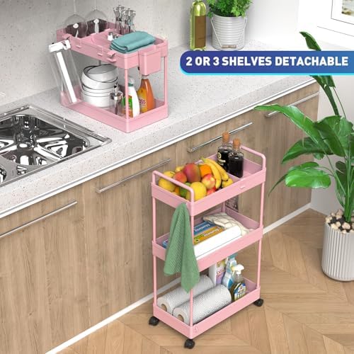 Ronlap Rollwagen Küchenwagen mit 3 Ebenen, praktischer Servierwagen mit Aufhängebechern für Küche und Büro, Schwarz