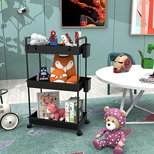 Ronlap Rollwagen Küchenwagen mit 3 Ebenen, praktischer Servierwagen mit Aufhängebechern für Küche und Büro, Schwarz